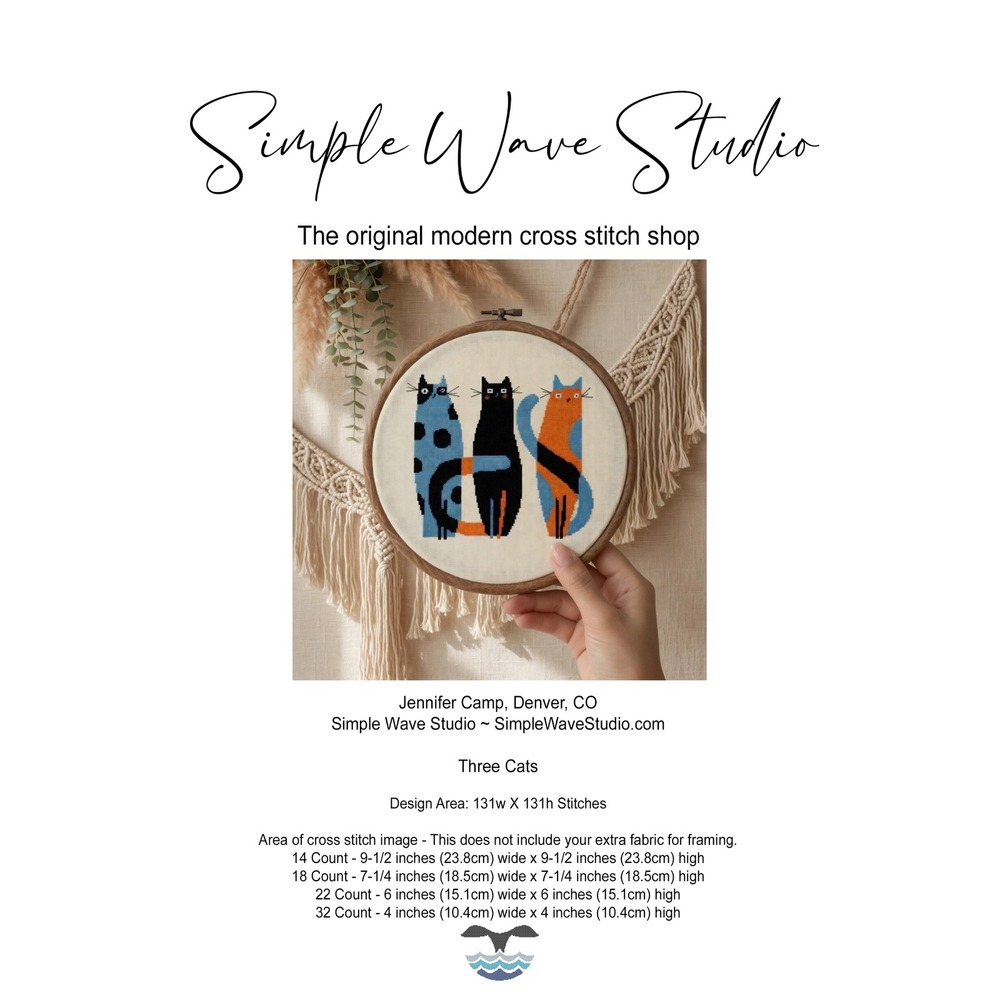 Modern Whimsical Trio Cats Counted Cross Stitch Pattern KIT